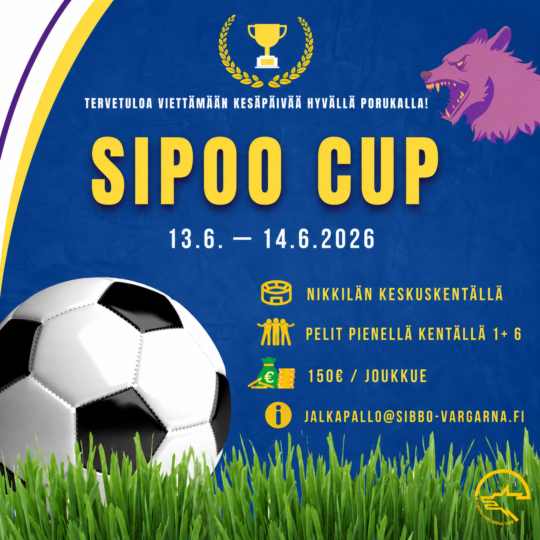 Tietoja Sipoo cupin ilmoittautumisesta. Jalkapallo vihreällä ruoholla.