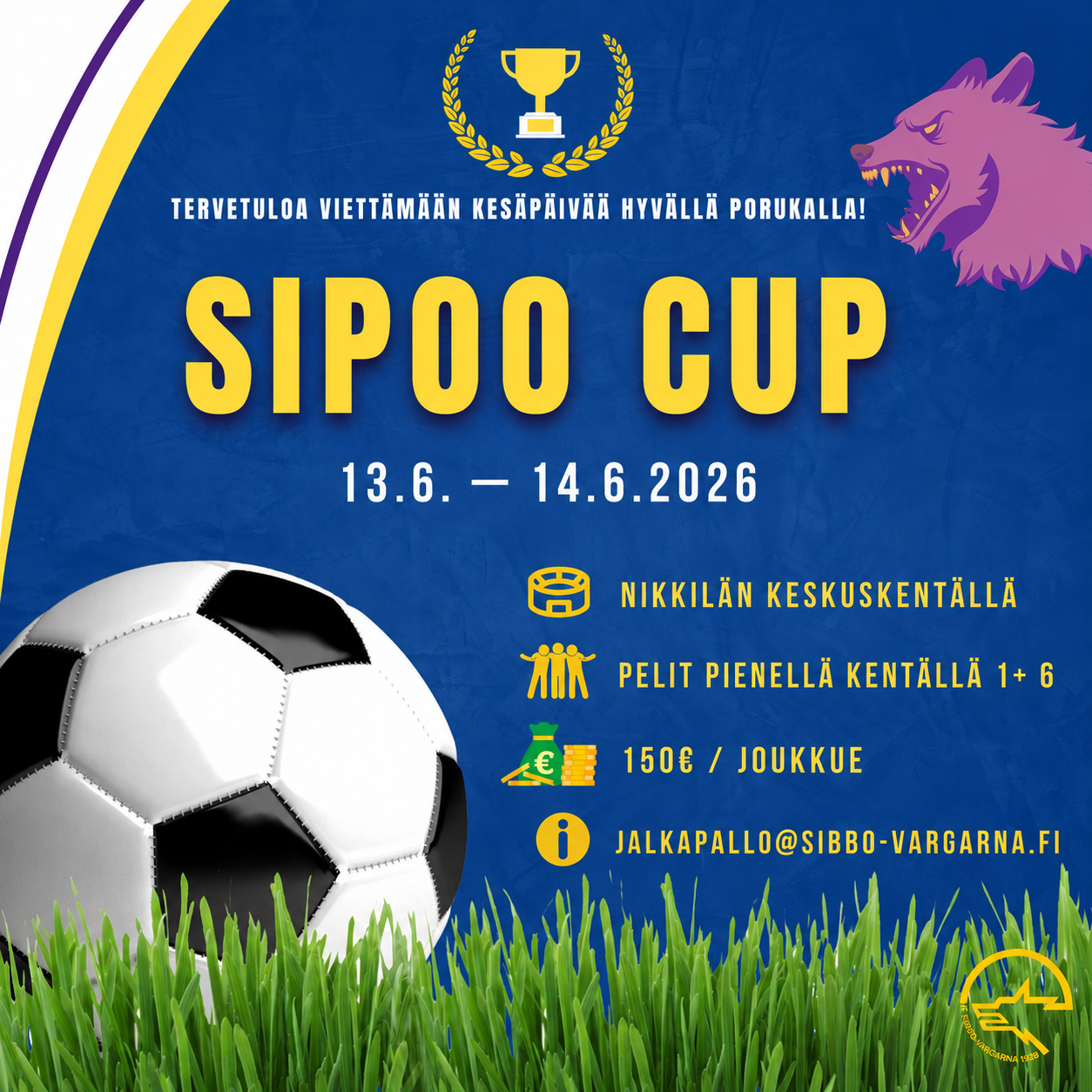 Tietoja Sipoo cupin ilmoittautumisesta. Jalkapallo vihreällä ruoholla.